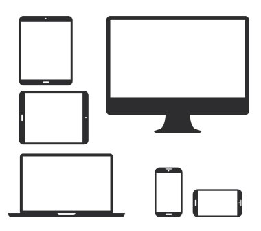 siyah elektronik cihaz siluet simgeler kümesi. akıllı telefon, tablet, dizüstü bilgisayar ve bilgisayar vektör çizim.
