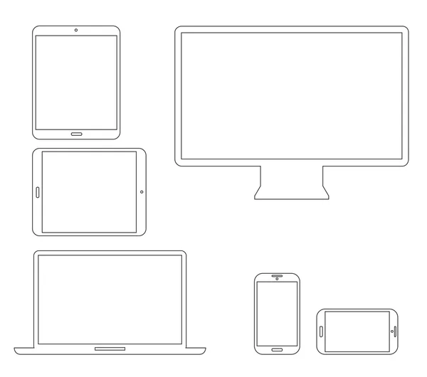 Set of outline electronic devices. Laptop, tablet, smartphone and computer vector illustrations. — Stock Vector