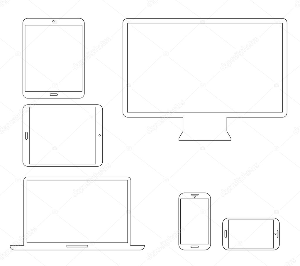 Set of outline electronic devices. Laptop, tablet, smartphone and computer vector illustrations.