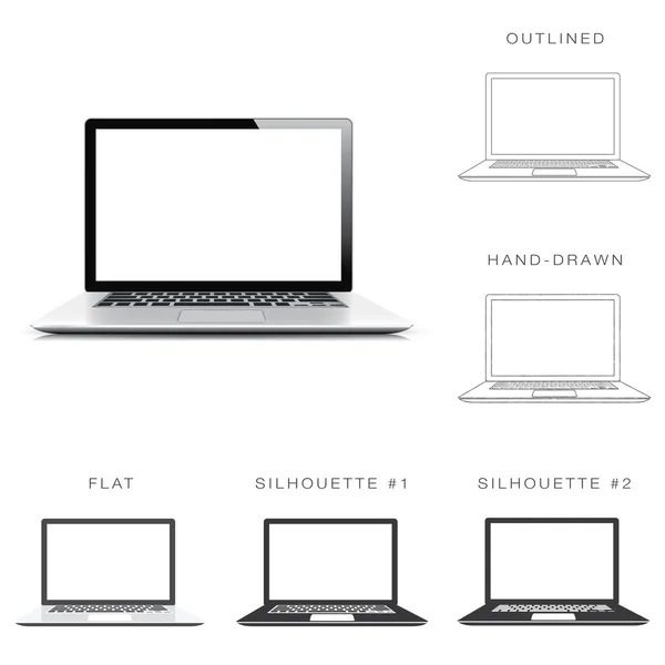 Designer Set von sechs verschiedenen Illustrationsstilen des modernen Laptop-Vektors. — Stockvektor