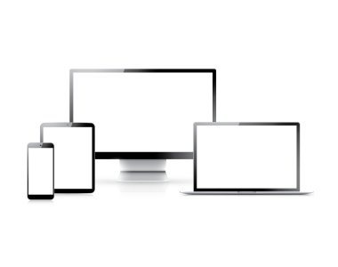 Realistic vector set of laptop, tablet, smartphone and computer with empty white screens clipart
