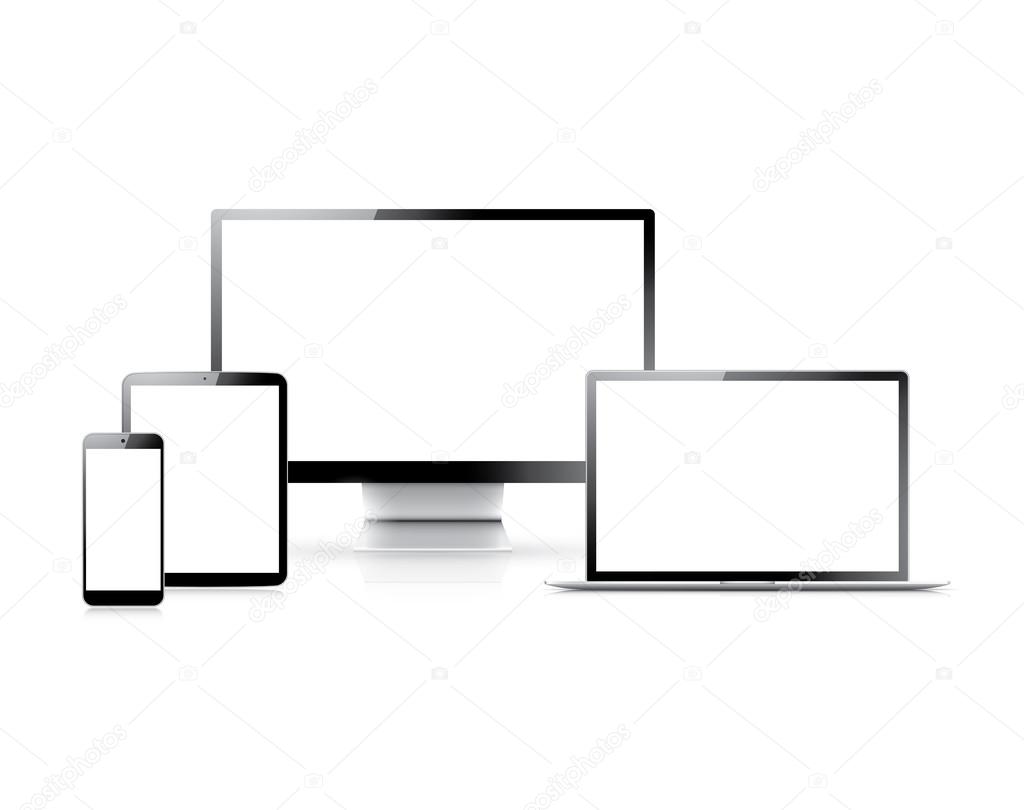 Realistic vector set of laptop, tablet, smartphone and computer with empty white screens