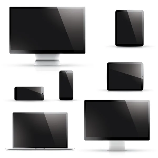 Ordenador portátil, tableta, teléfono inteligente, vectores de pantalla de computadora con pantalla negra aislada en blanco — Vector de stock