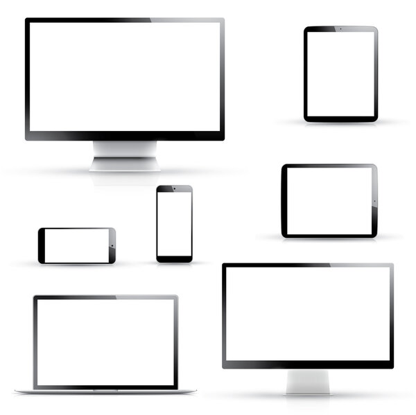 Электронные векторные устройства, ноутбук, планшет, смартфон и компьютерные дисплеи изолированы на белом фоне
