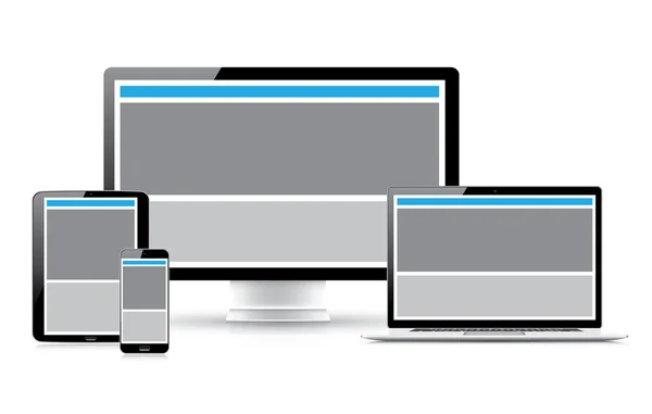 Website-Design-Entwicklung Prozess Vektorillustration mit modernen reaktionsschnellen Web-Design-Raster. vier elektronische Geräte enthalten, Tablet, Laptop, Smartphone und Computerdisplay. — Stockvektor