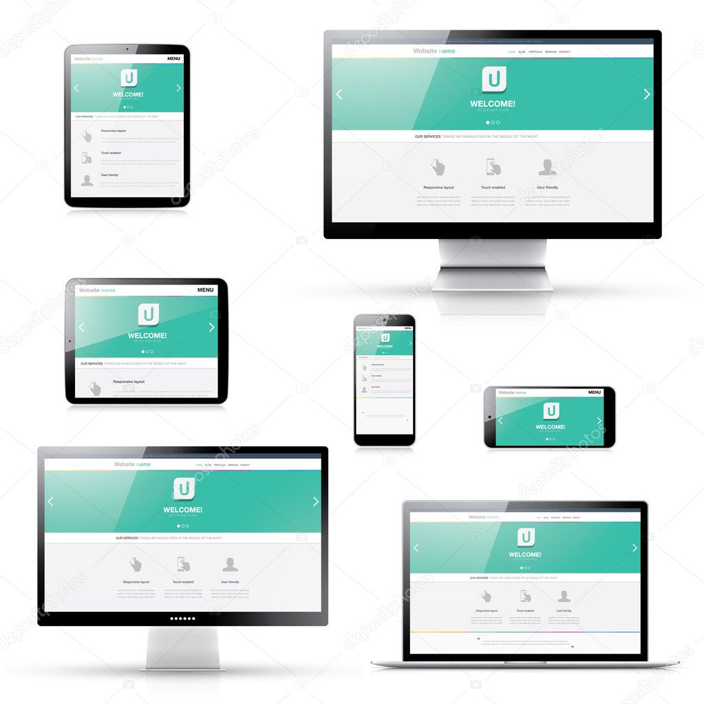 Flat modern responsive web design in isolated electronic devices