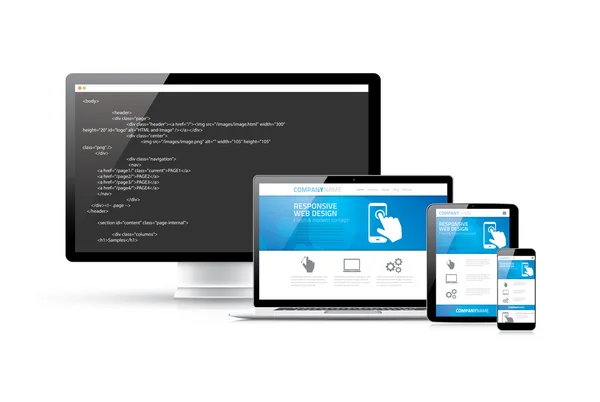 Codificación de sitios web a los dispositivos electrónicos de respuesta moderna concepto de vector — Vector de stock