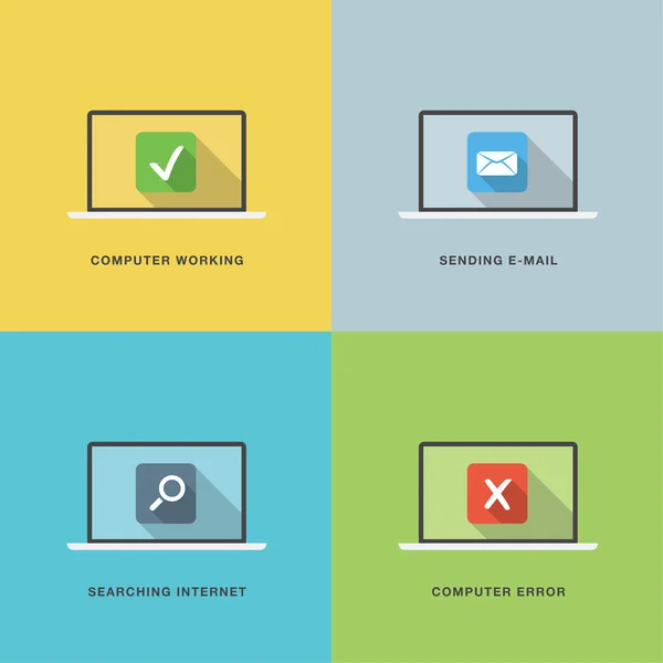 Acciones de computadora en un portátil de estilo vectorial plano con escenas coloridas — Archivo Imágenes Vectoriales
