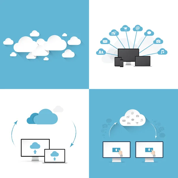 Conjunto de modelos de ilustrações vetoriais de computação em nuvem plana de quatro estilos diferentes — Vetor de Stock