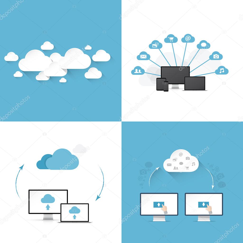 Flat cloud computing vector illustration templates set of four different styles