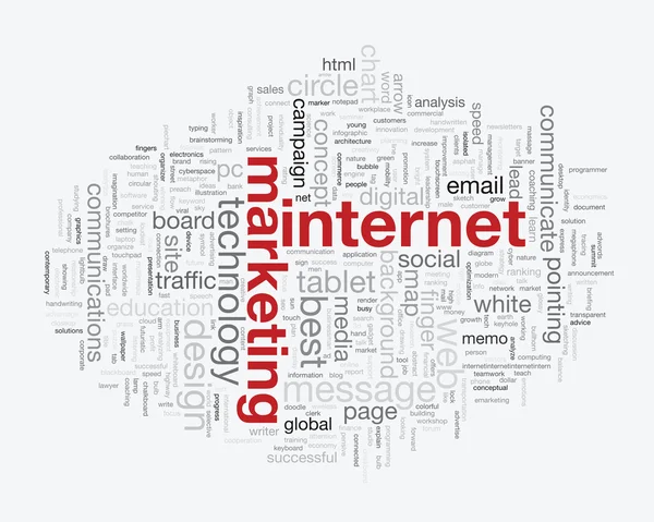 Internetové marketingové koncepce řeč bublina slovo tag cloud vektorové ilustrace — Stockový vektor