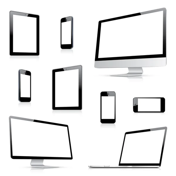 Vectores modernos de computadora, computadora portátil, tableta y teléfono inteligente desde la vista lateral — Vector de stock