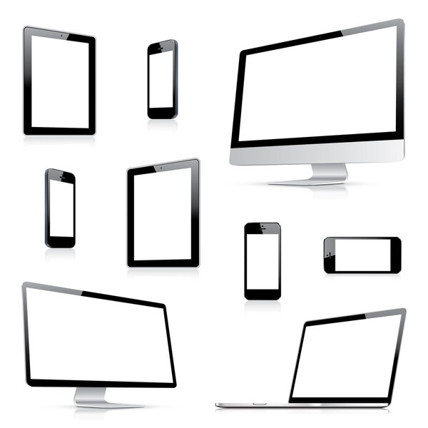 Modern computer, laptop, tablet and smartphone vectors from side view