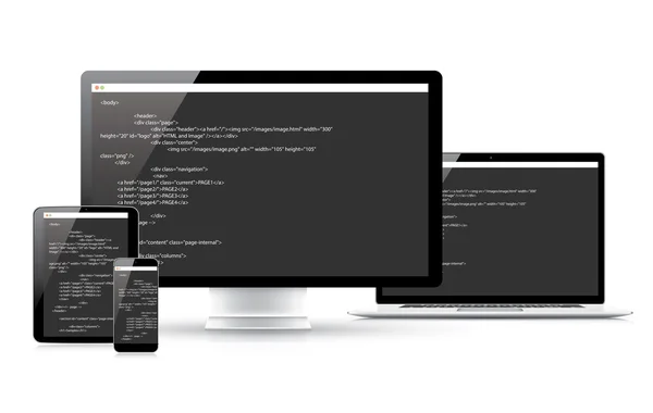Concept vectoriel de développement de codage de site Web dans les appareils électroniques — Image vectorielle