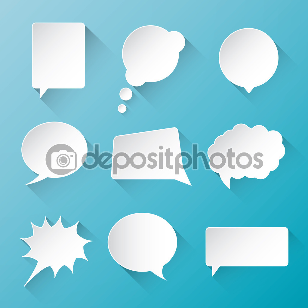 White vector communication speech bubble clouds with flat long shadow