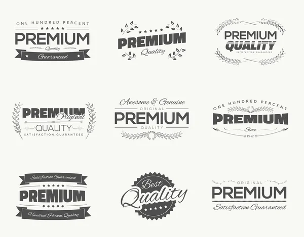 Tevredenheid gegarandeerd vintage premium kwaliteit zwarte vector labels en badges set en collectie isolatie. — Stockvector