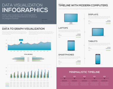 temiz veri görselleştirme infographics grafik, zaman çizelgeleri ve barlar modern tablet, cep telefonu, dizüstü bilgisayar ve bilgisayar hikayeci