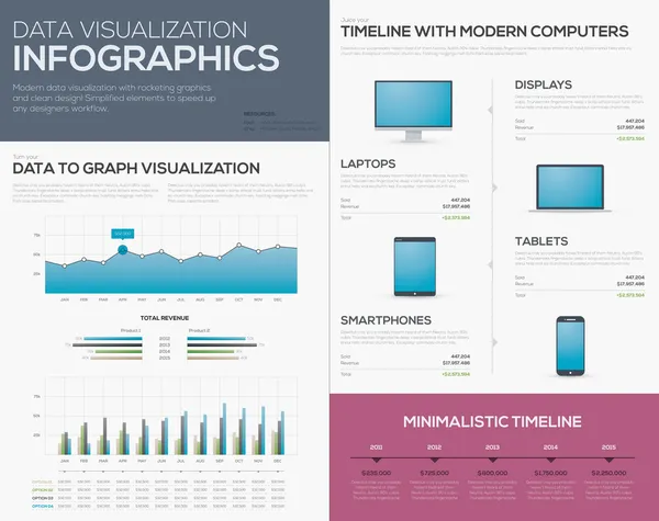 Gráficos, barras y líneas de tiempo de visualización de datos limpios Tablet moderno, teléfono móvil, computadora portátil y narrador de historias — Archivo Imágenes Vectoriales