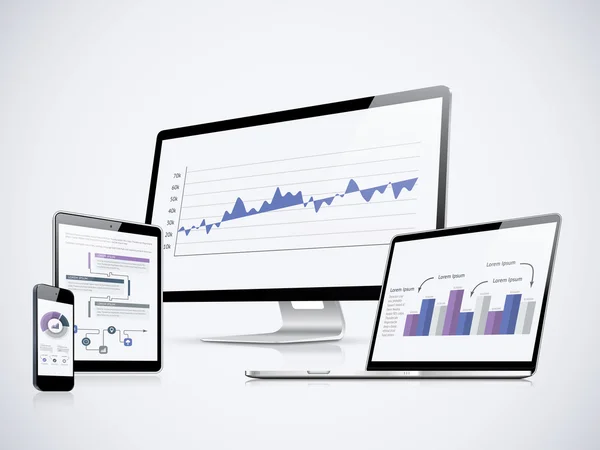 Computerstatistik-Vektor mit Laptop, Tablet und Smartphone — Stockvektor