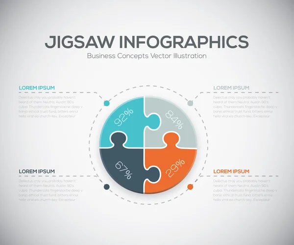 Jigsaw infografías vector negocio rompecabezas pieza fresca plantilla — Archivo Imágenes Vectoriales