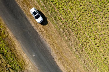Yeşil ağaçların arasına park etmiş bir arabanın tepeden görünüşü.