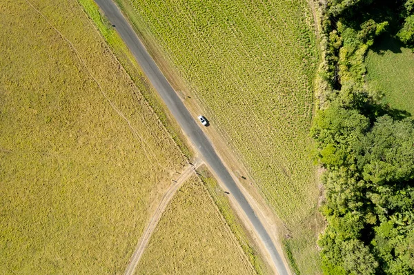 Vista Aérea Coche Aparcado Junto Una Carretera Medio Verde Campo — Foto de Stock