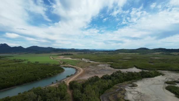 Drone Aerial Creek Tidal Salt Pan Environment Rusting Dump Car — Stok Video