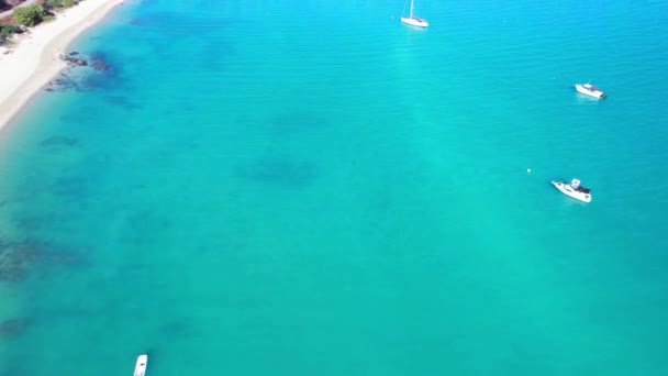 クイーンズランド州ケープグロスターのコーラル海の湾に停泊しているヨットでターコイズブルーの澄んだ水の上に空中ドローン — ストック動画