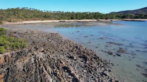 Drohne Über Felsigem Riffboden Bei Ebbe Richtung Sandstrand — Stockvideo
