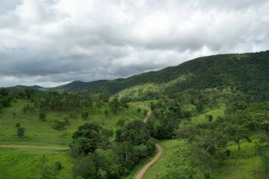 Dağlarla çevrili bir vadiden geçen toprak bir patika, son yağmurdan sonra yeşil çimenler.