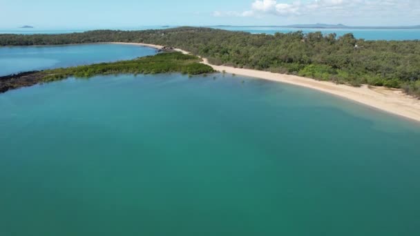 在一片荒无人烟的海滩上 沿着岩石海岸拍摄的无人机镜头 海滨长满了荆棘 蓝水和蓝天 — 图库视频影像