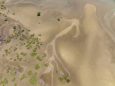 Dron hava manzarası desenli okyanus kumları alçak gelgitte