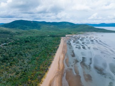 Kumsal boyunca drone antenleri ve kumdaki desenler alçak gelgitte ormana doğru bulutlu bir gökyüzünün altındaki dağları kaplıyordu.