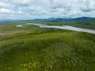 Çalı üzerinde yüksek drone antenleri bulutlu bir gökyüzünün altındaki gelgit taşra deresine doğru ilerliyor.