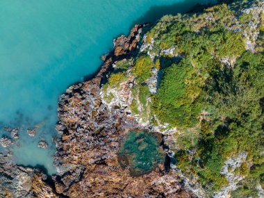 İnsansız hava aracı manzarası Wedge Island Cape Hillsborough Avustralya 'ya bakıyor. Okyanusta tropik plajlardan uzakta bir kaya havuzu var.