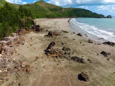 Cape Hillsborough Avustralya 'nın kayalık plajı sular çekilince ortaya çıktı.