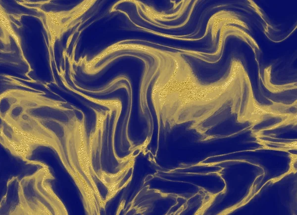 Luxuosos Sprays Ouro Metálico Marmorização Fundo Azul Escuro — Fotografia de Stock