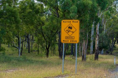 Dar çakıllı yolda ormanın içinden geçen sarı uyarı sürücüleri..