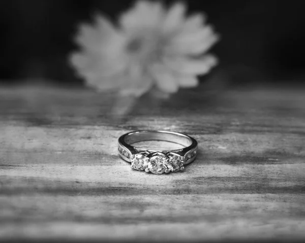 背景に花のある木の上に三つの石の婚約指輪 — ストック写真
