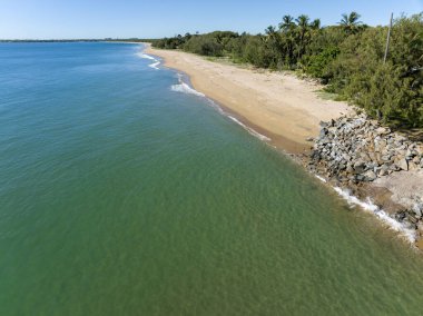 Tropikal ağaçlar ve bir kaya istinat duvarının parçası olan uzun bir kumlu sahil manzarası..
