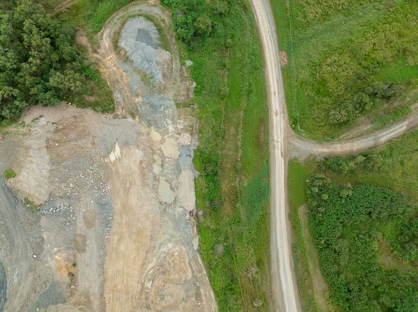 Vista Aérea Una Cantera Con Roca Almacenada Junto Camino Tierra — Foto de Stock