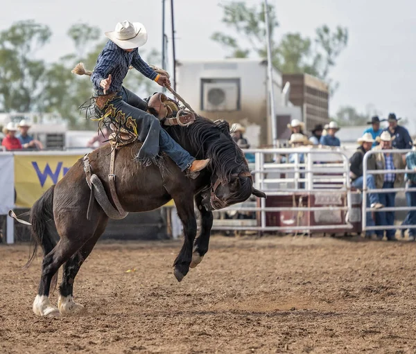 Cowboy Montando Bronco Bucking Rodeio País Austrália — Fotografia de Stock