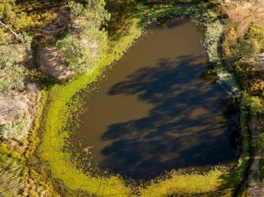 Ödül kazma safirlerinin insansız hava aracı antenleri. Sapphire Rubyvale mücevher tarlaları Queensland Avustralya. Ot kaplı küçük bir baraj..