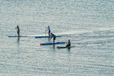 Bowen, Queensland, Avustralya - Haziran 2022: İnsanlar okyanusta kürek çekiyorlar
