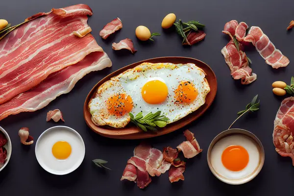 Délicieux Petit Déjeuner Bacon Aux Œufs Sur Une Table Vue — Photo