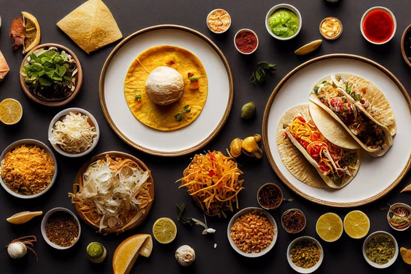 Taco Lapos Asztalon Körülvéve Kísérő Élelmiszerekkel — Stock Fotó