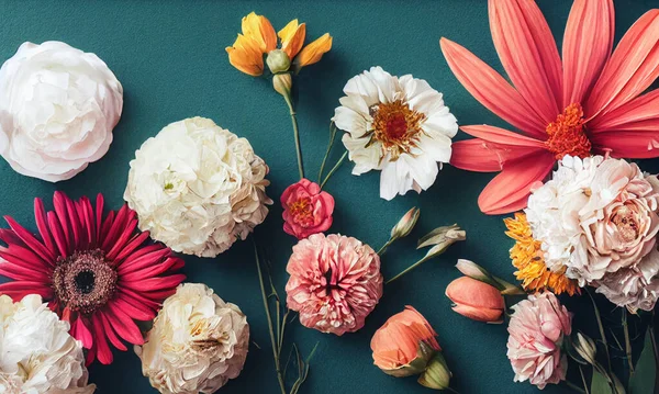 Colorido Plano Floral Con Flores Rosas Rojas Anaranjadas Sobre Telón —  Fotos de Stock