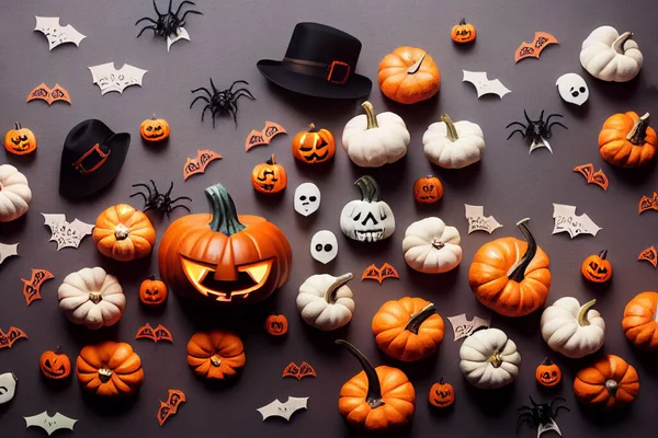 Flatlay Samling Halloween Pumpor Häxor Hattar Och Spindel — Stockfoto