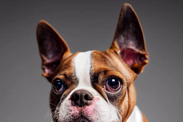 Illustrative portrait of a boston terrier dog face closeup, detailed cinema graphic with shallow depth of field.