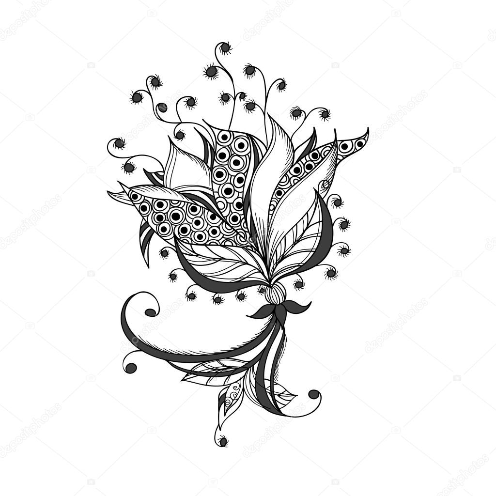 Fantasy flower, black and white tattoo pattern